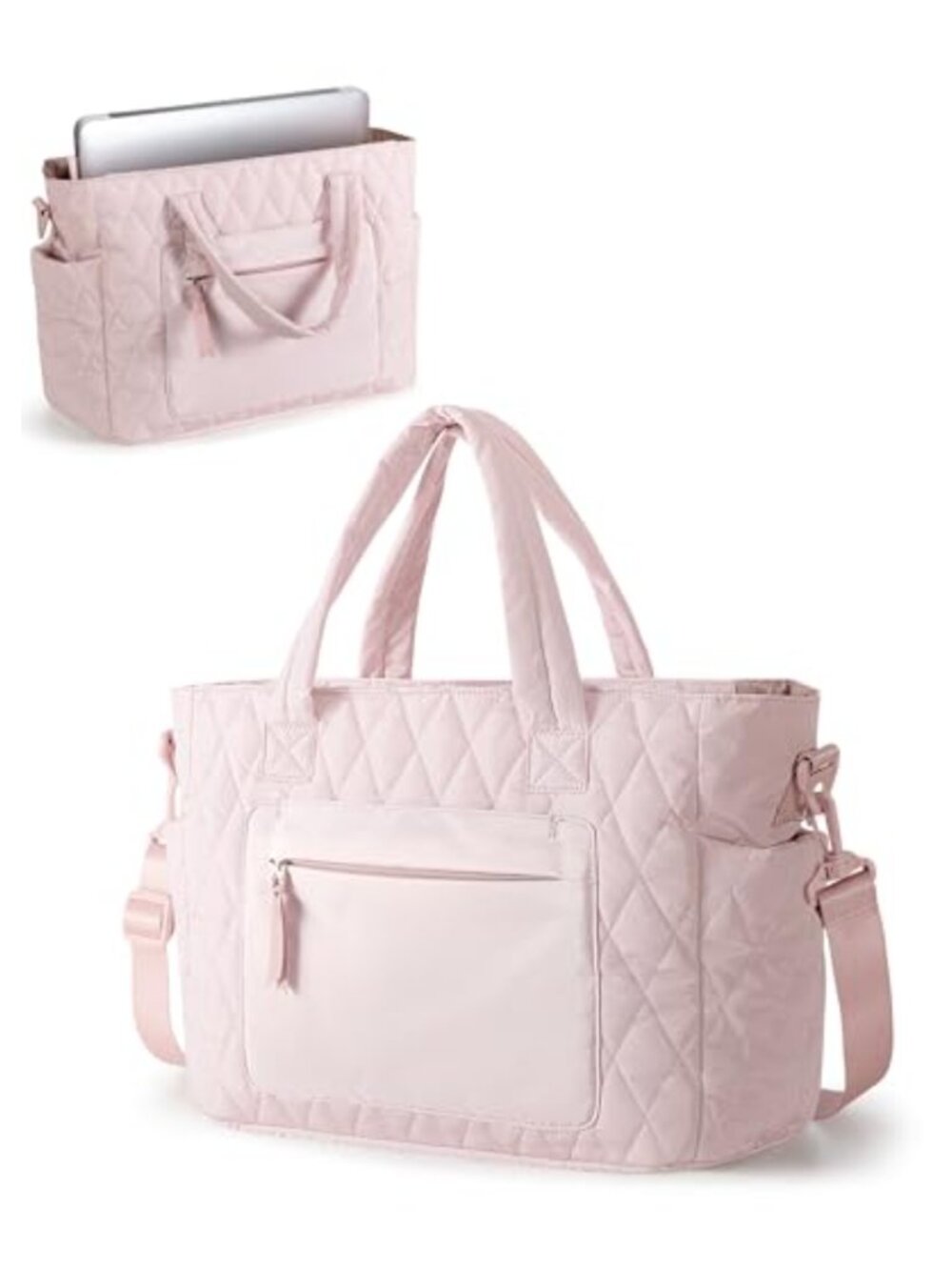 Quilted Puffer Tote Bag Women Laptop 15.6" Detachable Strap Travel Work Gym